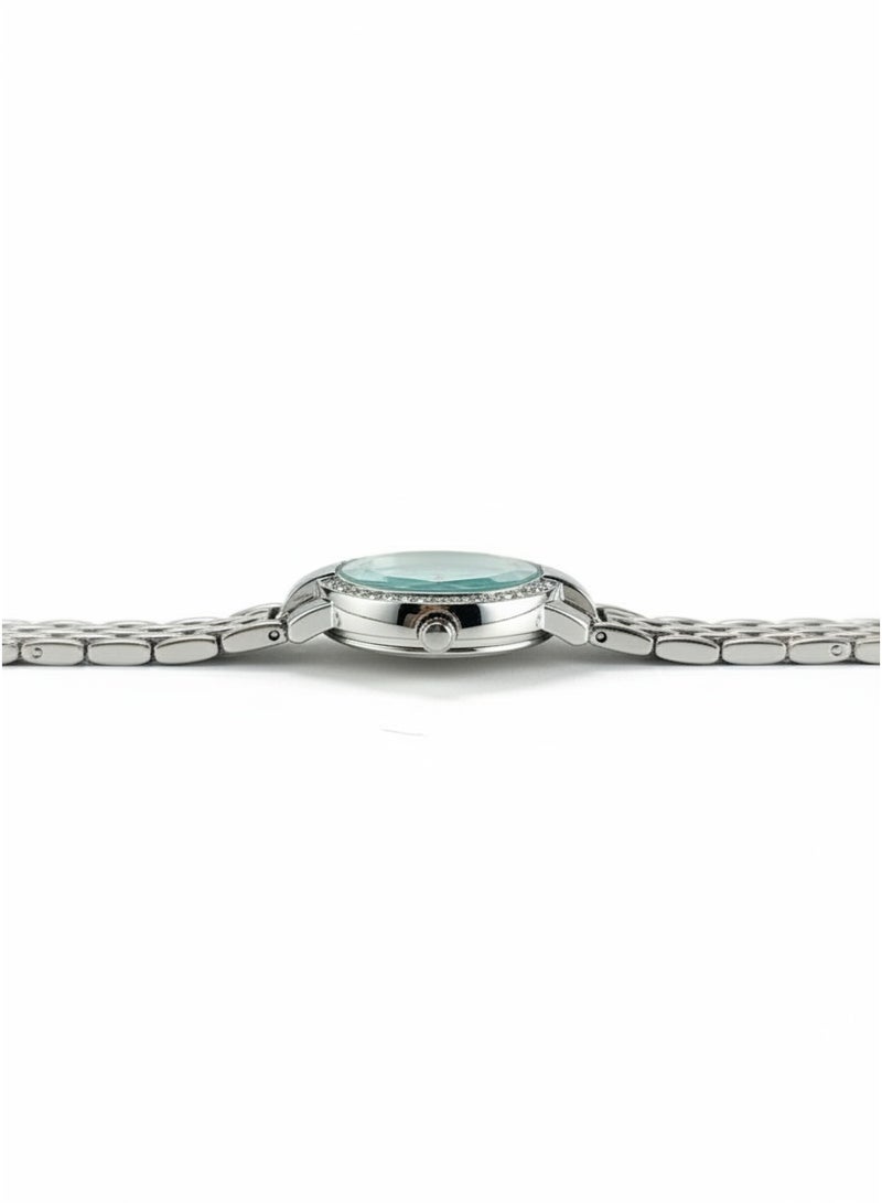 Casio Stainless Steel Turquoise Dial Crystal Bezel Quartz Watch - Image 2